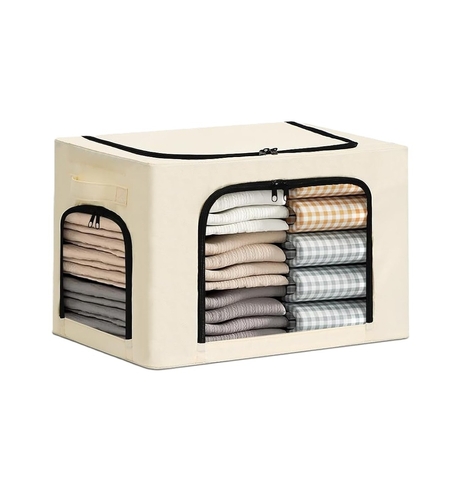 Cutie de Depozitare, Vafy, cu 3 Ferestre cu Fermoar Bidirectional, Cadru din Otel, Impermeabil, 38L, 42 x 30 x 30 cm, Bej