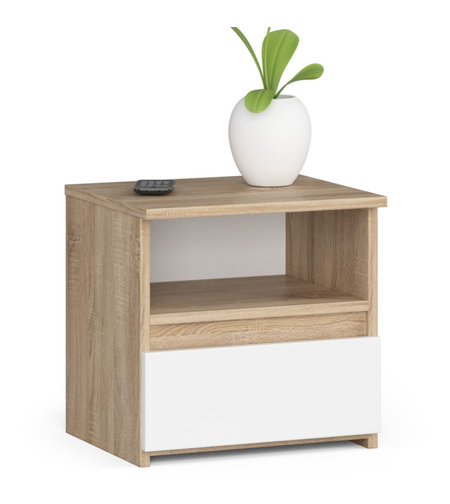 Noptiera cu 1 sertar, PAL laminat 16mm, 40x35x40 cm, stejar sonoma si alb