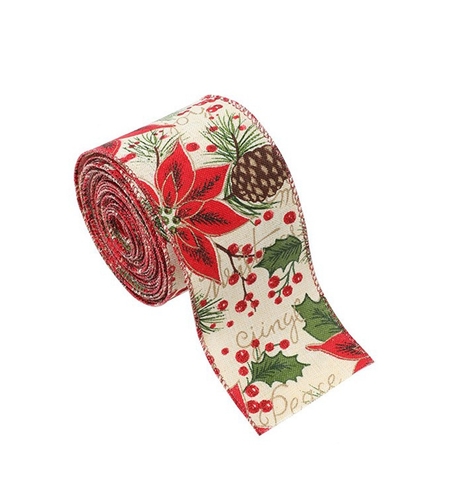 Panglica Decorativa pentru Craciun, Flippy, Ornament pentru Brad de Craciun, Pretreceri, Panglica cu Design Conuri si Floare Rosie, 200 x 6.3 cm, Khaki