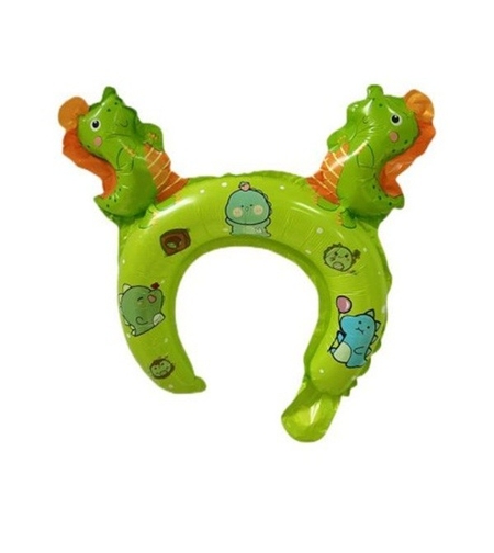 Balon din Folie Metalizata, Vafy, Tip Coronita cu Urechi, Model Dinozauri, Ambalaj Individual, Pai Inclus, Umflare cu Aer sau Heliu, 29 x 26.5 cm, Verde