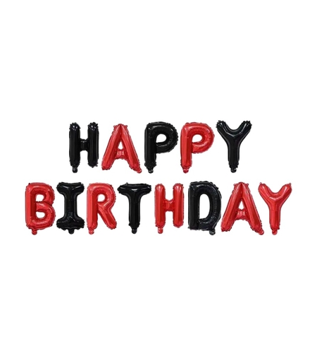 Set Baloane din Folie Metalizata, Flippy, Model Happy Birthday, Litere de 40 cm, Baloane Party, Ambalaj Individual, Pai, Ata si Adeziv Incluse, Umflare cu Aer sau Heliu, Rosu-Negru