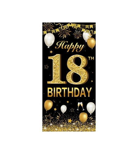 Banner pentru Petrecere, Flippy, Model Happy Birthday, Tematica Majorat, Aniversare 18 Ani, 185x90 cm, Negru