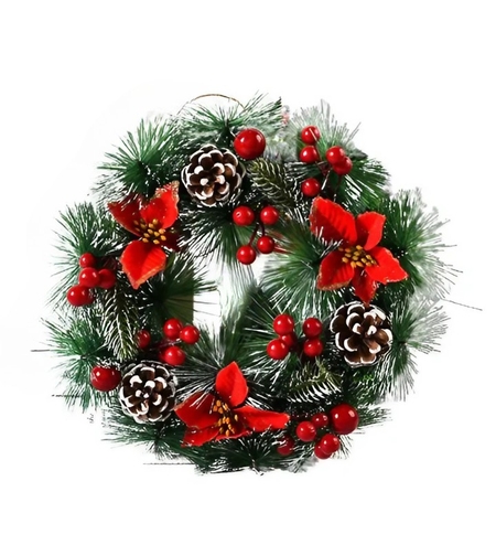 Coronita pentru Craciun Flippy, diametru 32 cm, din brad artificial, decorata cu conuri si merisoare, 3 Funde Rosii. Verde/Alb
