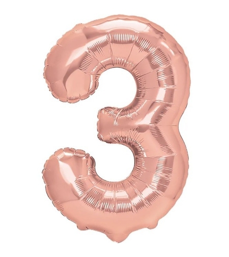 Balon din Folie Metalizata Flippy, Figurina Cifra, Tema Aniversare 100 cm, Ambalaj Individual, Pai inclus, Umflare cu Aer sau Heliu, Coral, Rose Gold, Cifra 3