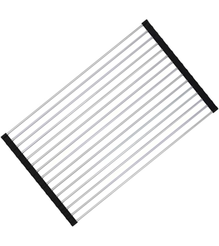 Covoras de Scurgere pentru Chiuveta Bucatarie, din Otel Inoxidabil, Suport Chiuveta, Pliabil, Antiderapant, Usor de Curatat si de Depozitat, 47x36 cm, 18 Tuburi, Negru