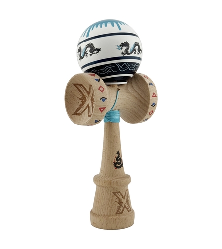 Kendama X Originala, Profesionala, Flippy, DRAGON Series, Super Sticky cu Cupe Mari King Size V3, Rulment Metalic si Gaura in Baza, din Lemn 18 cm, Ata 62/65 cm, Albastru/Negru