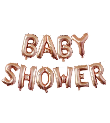 Set Baloane din Folie Metalizata, Flippy, Model Baby Shower, Litere de 40 cm, Baloane Party, Ambalaj Individual, Pai, Ata si Adeziv Incluse, Umflare cu Aer sau Heliu, Rose Gold