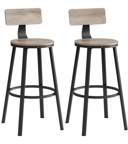 VASAGLE Set de 2 scaune de bar inalte cu spatar, cadru din otel, industrial, 54x99cm, gri stejar