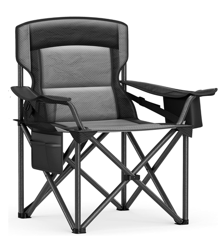 SONGMICS Scaun pliabil camping premium cu spatar inalt si sezut buretat, suport bauturi si buzunar termo, 200 kg, 63x95x100 cm, negru