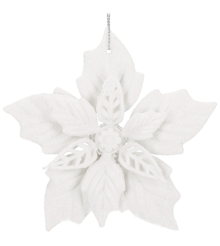 Set 10 flori de Craciun 12 cm, ornamente cu sclipici, plastic, alb