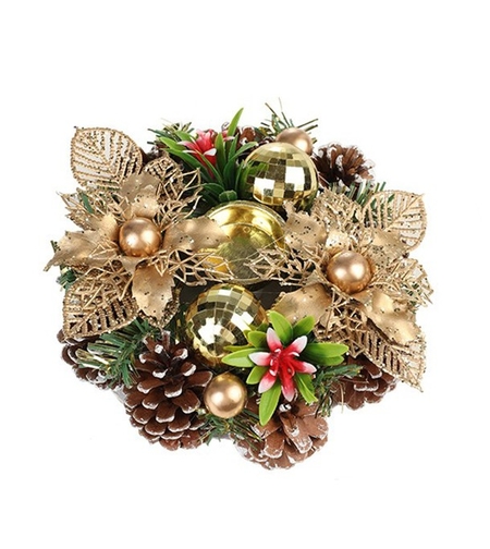 Suport pentru Lumanare de Craciun, Flippy, Model Cupa cu 2 Globutele Aurii si 2 Flori cu Conuri, Sfesnic de Tip Ghirlanda, Decoratiune pe Masa de Craciun, 17.5 x 17.5 x 7 cm, Auriu