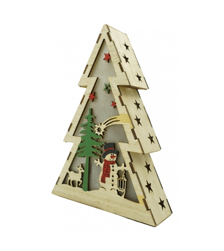 Decoratiune luminoasa, model de Brad cu Om de zapada, maro, lungime: 14 cm, latime: 5 cm, inaltime: 20 cm, lemn, interior/exterior