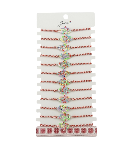 Bratara Martisor pentru Dama, Jolie, Model Floare, Set 12 bucati, Pandativ Argintiu din Inox cu Elemente Multicolore, Snur Alb/Rosu