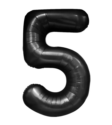 Balon din Folie Metalizata, Flippy, Figurina Cifra, Tema Aniversare 80 cm, Ambalaj Individual, Pai inclus, Umflare cu Aer sau Heliu, Negru, Cifra 5