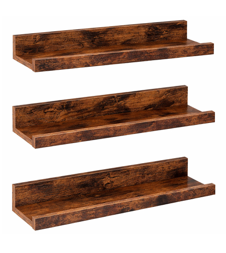 VASAGLE Set 3 rafturi suspendate plutitoare, cu margine frontala inaltata, 38x10x5 cm, maro rustic