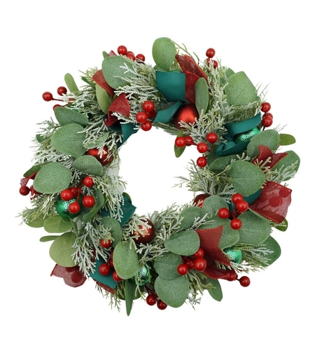 Coronita de Craciun pentru usa, Verde/Rosu, 40 cm, PVC, Artificiala, Decorata, Interior/Exterior, Flippy