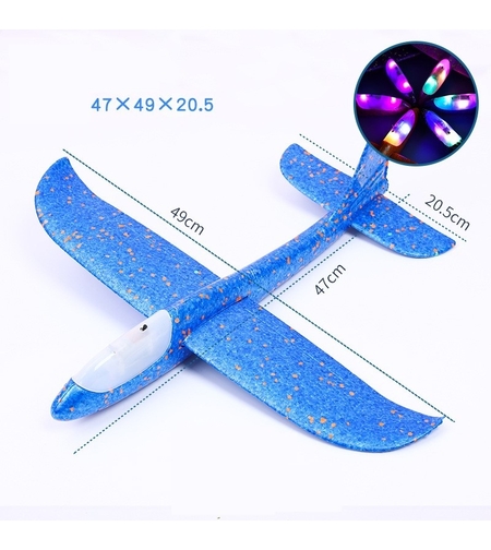 Avion planor din polistiren in punga , lungime 47 cm , cu lumini pe cap, Albastru , Flippy