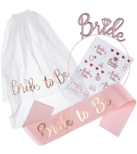 Set de Accesorii pentru Mireasa, Flippy, Coronita, Panglica, Stickere, Voal, Model Bride To Be, Tematica Nunta, Alb-Roz