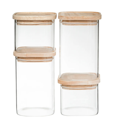 Set 4 borcane depozitare ermetice 5Five, sticla borosilicata si capac lemn, transparent