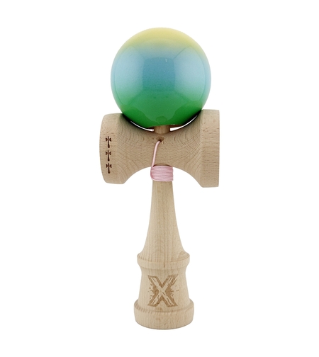 Kendama X Originala, Profesionala, Flippy, Big Cups V2, Super Sticky Cupe Mari, Rulment Metalic cu Ata 55 cm, Galben/Albastru deschis/Verde