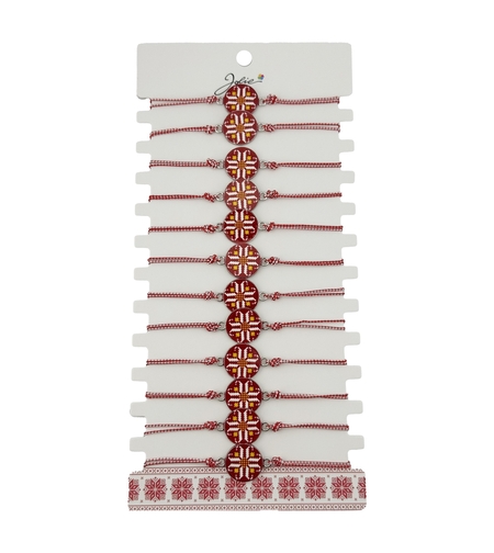 Bratara Martisor pentru Dama, Jolie, Model Rotund Port Traditional, Set 12 bucati, Pandativ din Aliaj cu Print Traditional, Snur Ajustabil Impletit, Alb/Rosu