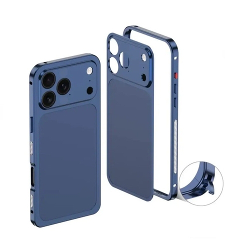 Carcasa Metalica, Vafy, Compatibila Apple iPhone 15 Pro Max, Creeaza Aspect de iPhone 17 Pro Max, Unibody Mat, Rezistenta la Zgarieturi, Albastru