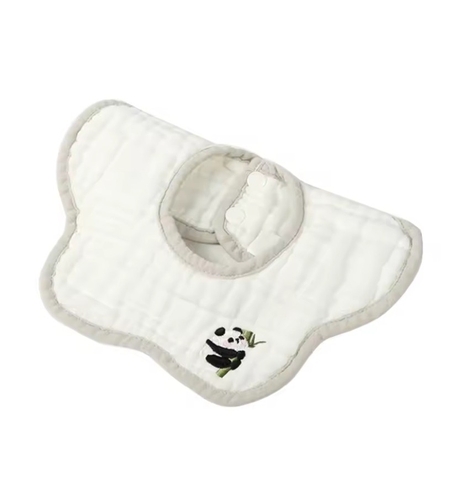 Baveta Tip Floare, Flippy, din Bumbac, pentru Copii 0-12 Luni, Rezistenta la apa, 8 Straturi, Model Tricotat cu Panda, 26 x 29 cm, Alb