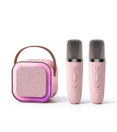 Boxa Portabila Karaoke, Vafy, Bluetooth 5.3, 5-10W, Set 2 Microfoane Wireless, LED RGB, 4 Efecte Vocale, Type-C, 14 x 11 cm, Roz