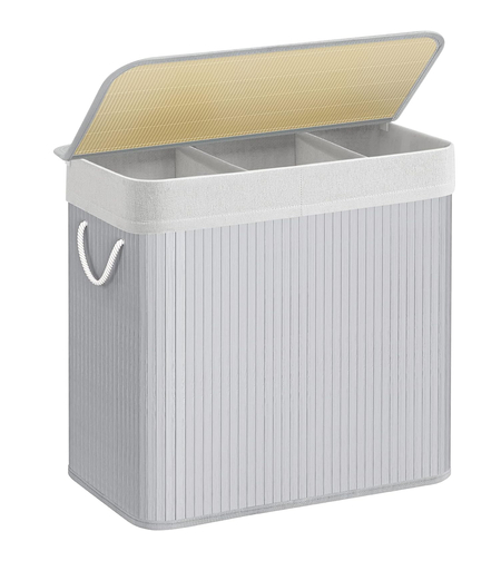 SONGMICS Cos de rufe din bambus, pliabil, cu captuseala detasabila lavabila, 3 compartimente, 150L, 60x40x62cm, gri