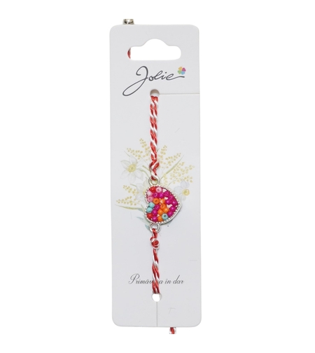 Martisor Bratara Snur Alb-Rosu, Jolie, Pandantiv Metalic, Model Inimioara