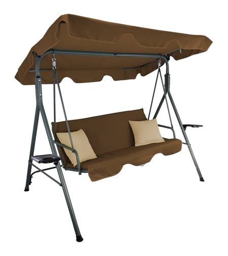 Leagan gradina 3 locuri 170x118x153 cm, cu perne, baldachin reglabil si masute laterale, structura otel, maro