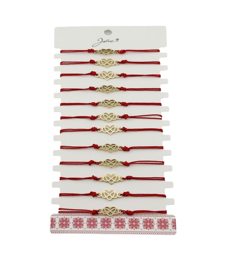Bratara Martisor pentru Dama, Jolie, Model Infinit in Inima, Set 12 bucati, Pandativ din Inox Auriu, Snur Ajustabil Impletit, Rosu