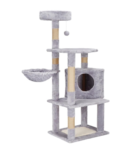 Ansamblu de joaca pentru pisici, cu loc pentru zgariat, ascuns, culcus, minge, 124cm, gri
