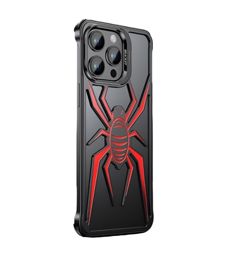 Husa de Protectie Compatibila iPhone 15 Pro, cu Suport Metalic pentru Camera, Armor Protective Series, Vafy, Antisoc, Protectie de Metal pe Margini, Model Paianjen, Negru Rosu