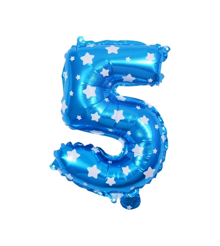 Balon din Folie Metalizata Flippy, Figurina Cifra, Imprimeu Stele, Tema Aniversare 80 cm, Ambalaj Individual, Pai inclus, Umflare cu Aer sau Heliu, Albastru, Cifra 5
