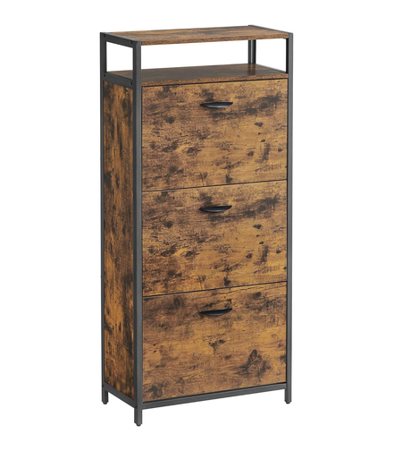 VASAGLE Dulap pentru pantofi cu 3 usi rabatabile, despartitoare interioare, pentru 15-18 perechi, 60x30x130cm, maro rusic si negru