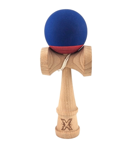 Kendama X Originala, Profesionala, Flippy, din Lemn, 18 cm, Rubber Grip, Albastru inchis/Rosu