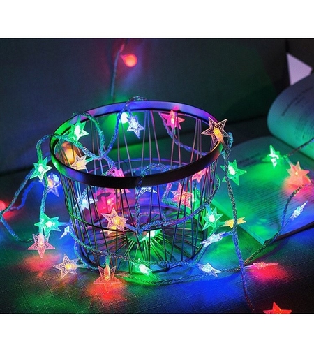 Instalatie Craciun cu baterii, 6 metri, 40 LED-uri tip Stea, fir Transparent, alb cald, Vafy