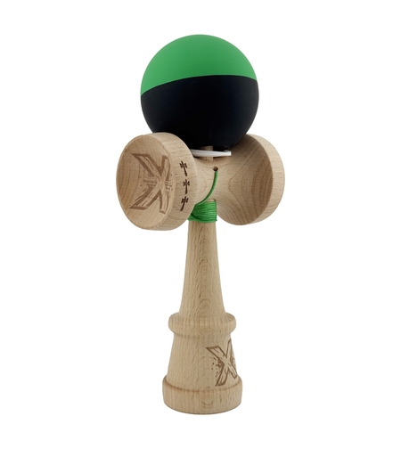 Kendama X Originala, Profesionala, Flippy, Cupe Mari KING SIZE V3, Rubber Grip, Gaura in Baza, Rulment Metalic, din lemn 18 cm, Ata 62/65 cm, Bicolor Verde/Negru