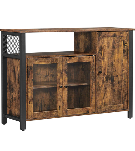 VASAGLE Dulap de depozitare tip bufet, cu 3 usi, stil industrial, 110x33x75cm, maro rustic si negru