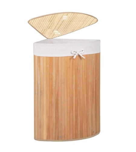 Cos de rufe triunghiular pentru colt cu capac, bambus si sac textil detasabil, 60 litri, 55x35x60 cm, maro natur