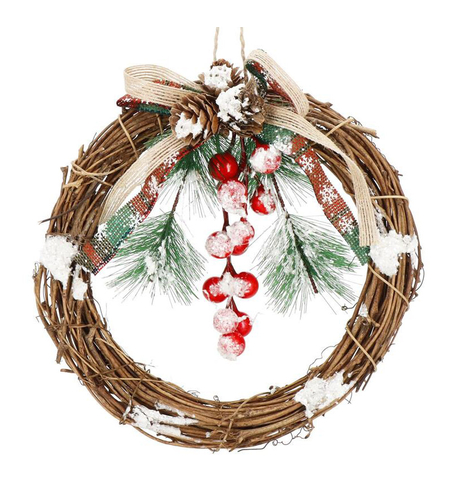 Coronita pentru Craciun, 20 cm, din crengi impletite, cu zapada, maro