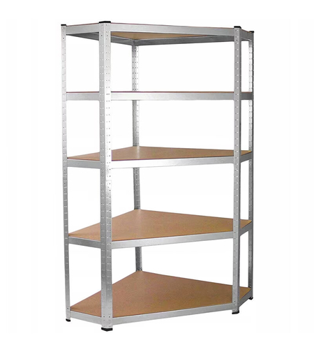 Raft depozitare metalic colt 5 niveluri cu polite MDF, structura otel galvanizat, 180x90x30 cm, argintiu