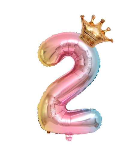 Balon din Folie Metalizata, Flippy, Figurina Cifra Gradient, Tema Aniversare 80 cm, Ambalaj Individual, Pai inclus, Umflare cu Aer sau Heliu, Coronita, Cifra 2
