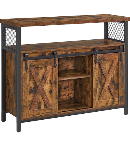 VASAGLE Comoda pentru living sau bucatarie, cu 2 usi glisante, rafturi reglabile, stil rustic, 33x100x80cm, maro si negru