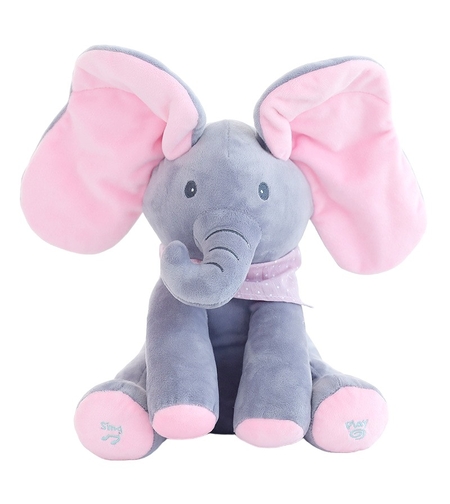 Jucarie Interactiva pentru Copii, Flippy, Elefantel Peek-a-boo, Muzica, Misca Urechile, Alimentare cu Baterii, 30 cm, Roz-Gri