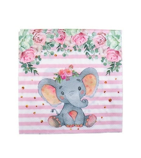 Set 20 de Servetele de Masa, Flippy, Imprimeu Elefant, din Hartie, 16.5 x 16.5 cm, Roz