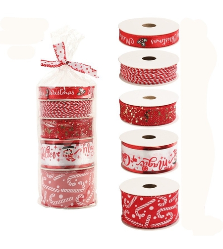 Panglica Decorativa cu Tematica de Craciun, Flippy, Set din 4 bucat + 1 Rulon Ata Rosie Alba, Panglica pentru Cadou de Craciun Brad si Decor, 2 M per bucata, Model Acadele, Rosu