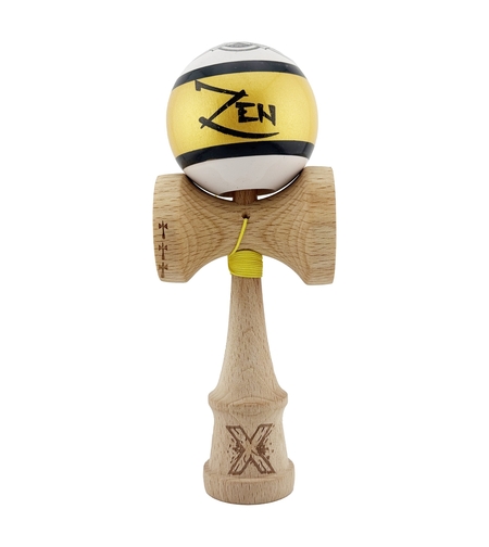 Kendama X ZEN Originala, Profesionala, Flippy, Big Cups V2, Super Sticky Legendary Cupe Mari, Rulment Metalic cu Ata 55 cm, Auriu/Alb