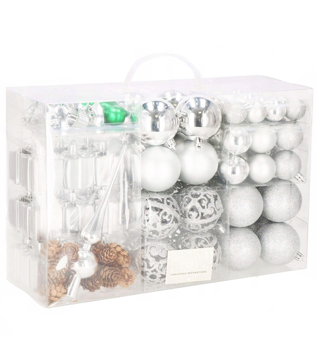 Set globuri si decoratiuni de Craciun, 102 piese, diverse dimensiuni, argintiu